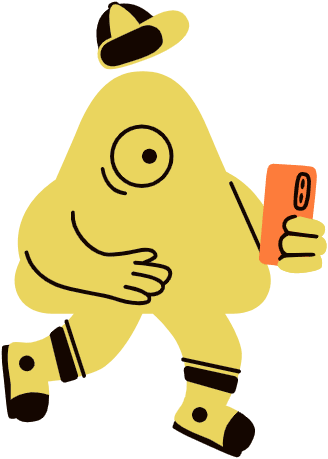 En enøyd maskot med caps holder en mobiltelefon.