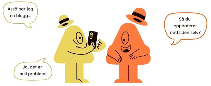 To enøyde maskoter snakker sammen. Den ene har fått en ny nettside og er veldig fornøyd.