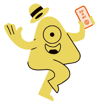 En enøyd maskot jubler og holder en mobiltelefon med teksten &quot;Vi er på nett&quot;